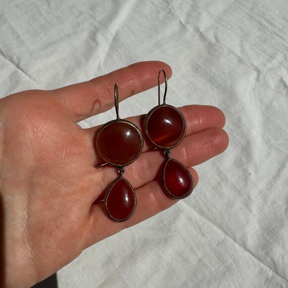 Carnelian/Amber and Gold Glazed Double Drop Earrings Roman Victorian Style - Picture 7 of 13